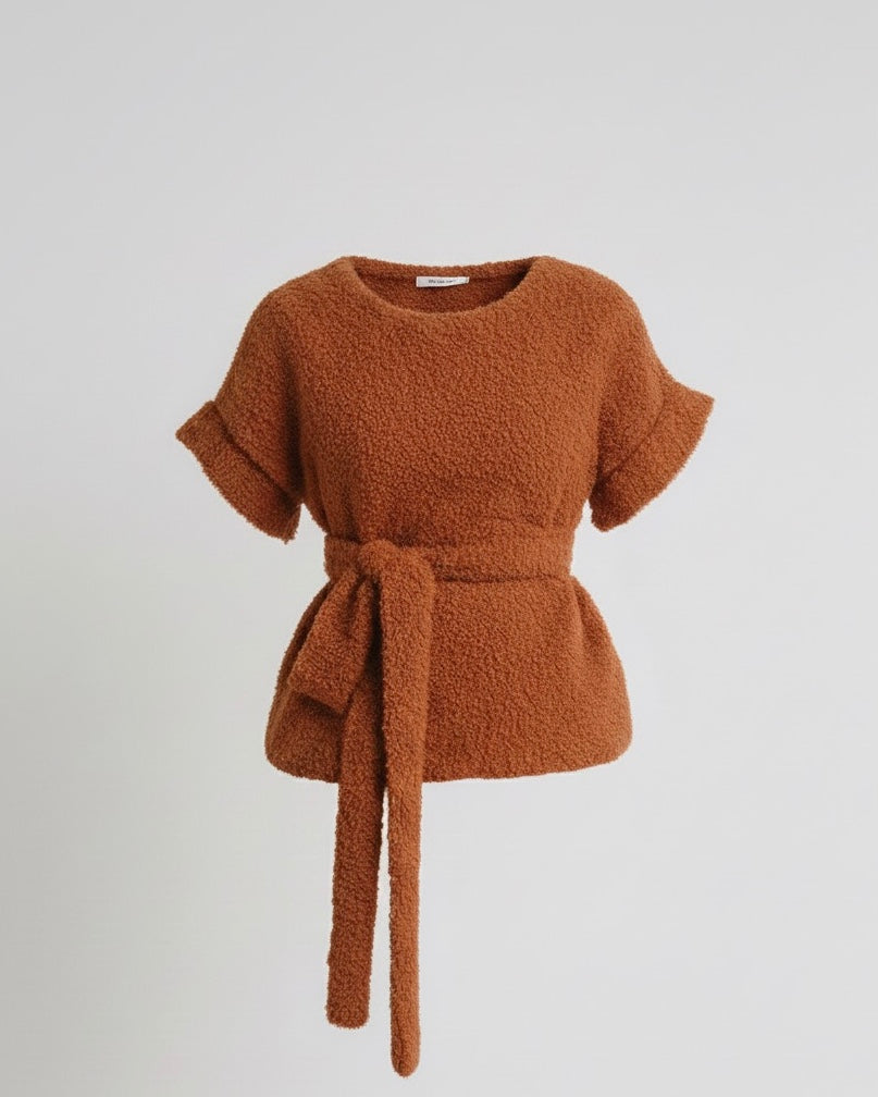 The "Cocoa Cloud" Short-Sleeve Belted Top