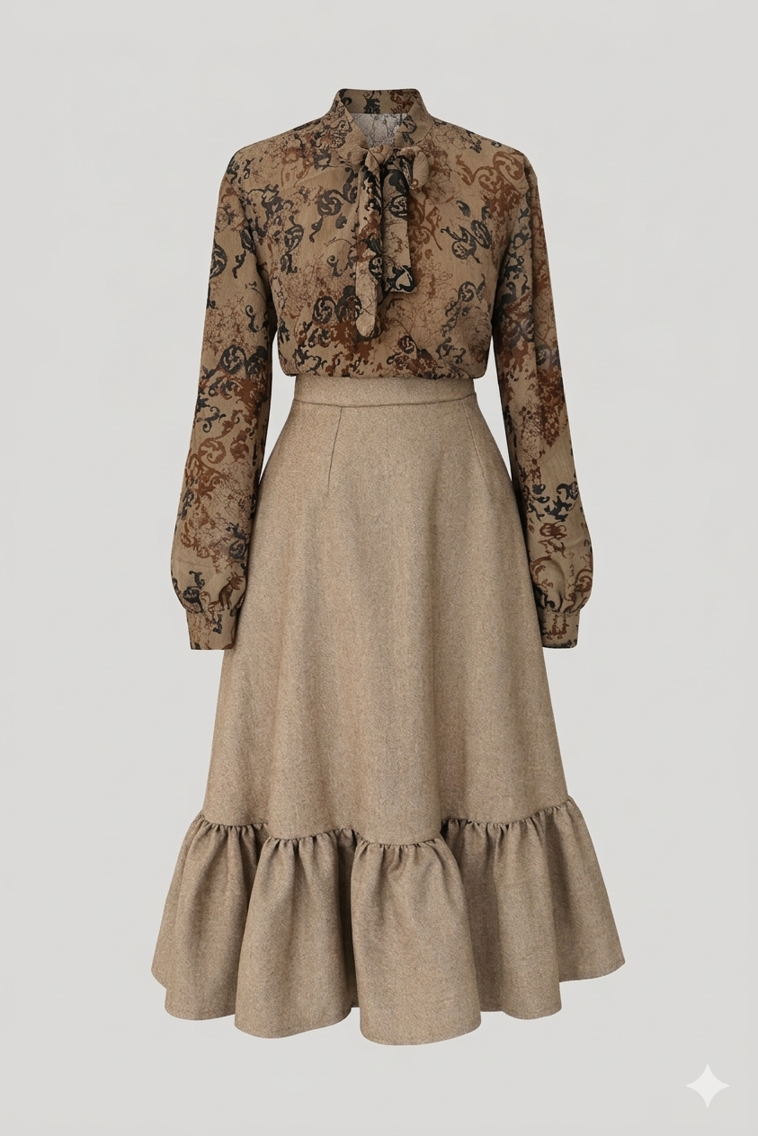 The Pussy-Bow Blouse & Sculpted Ruffle Mid Skirt Set