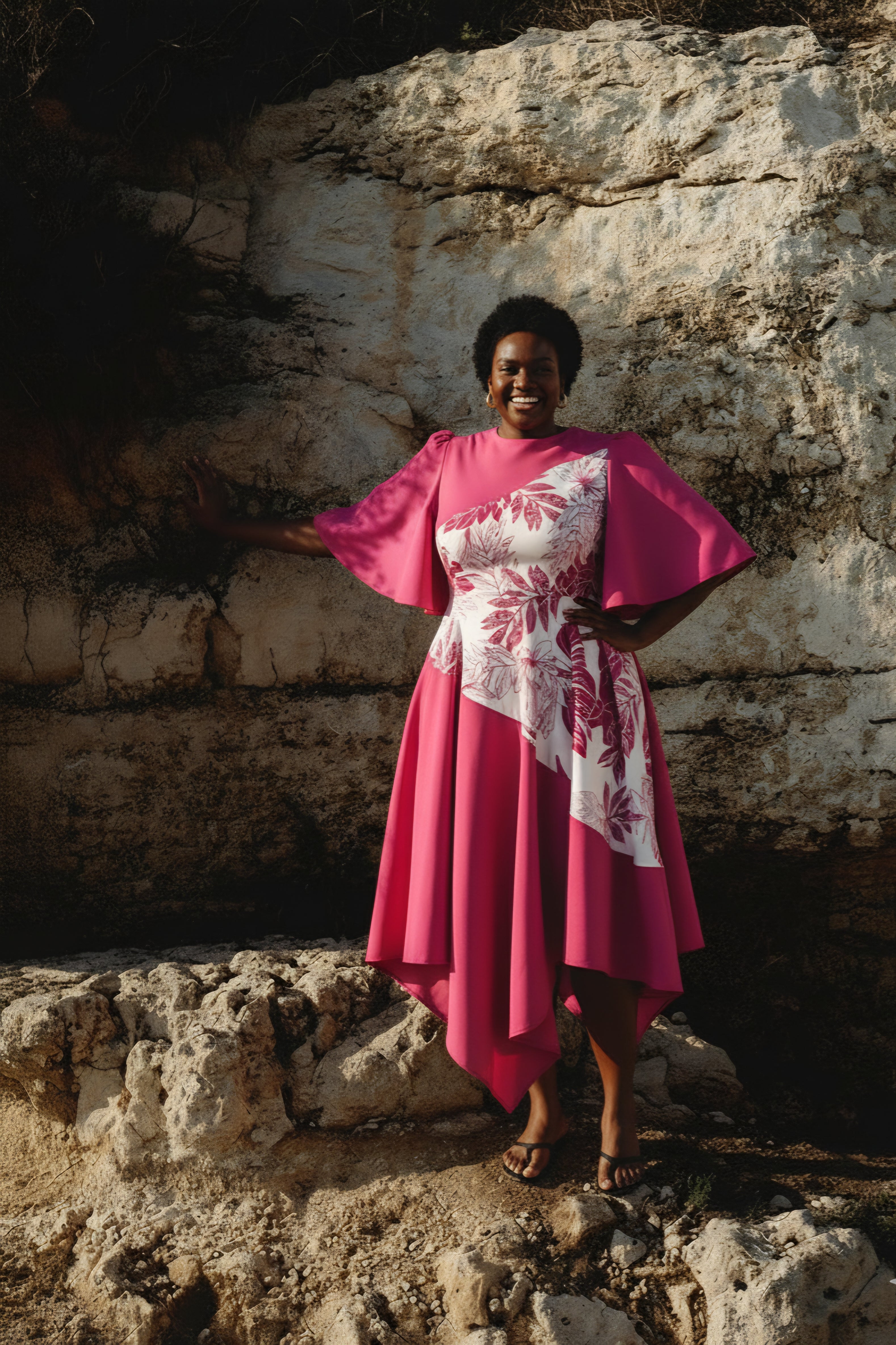 INJABULO-
Handkerchief, flared Sleeves Pink Dress